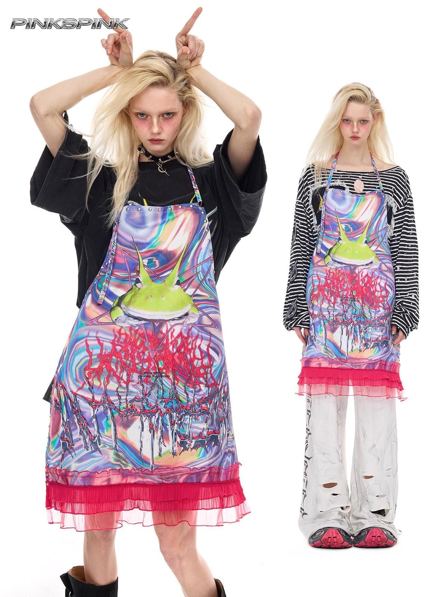 PINKSPINK Futuristic Rock Punk Studded Lace Printed Tie Women's Polyester Aprons