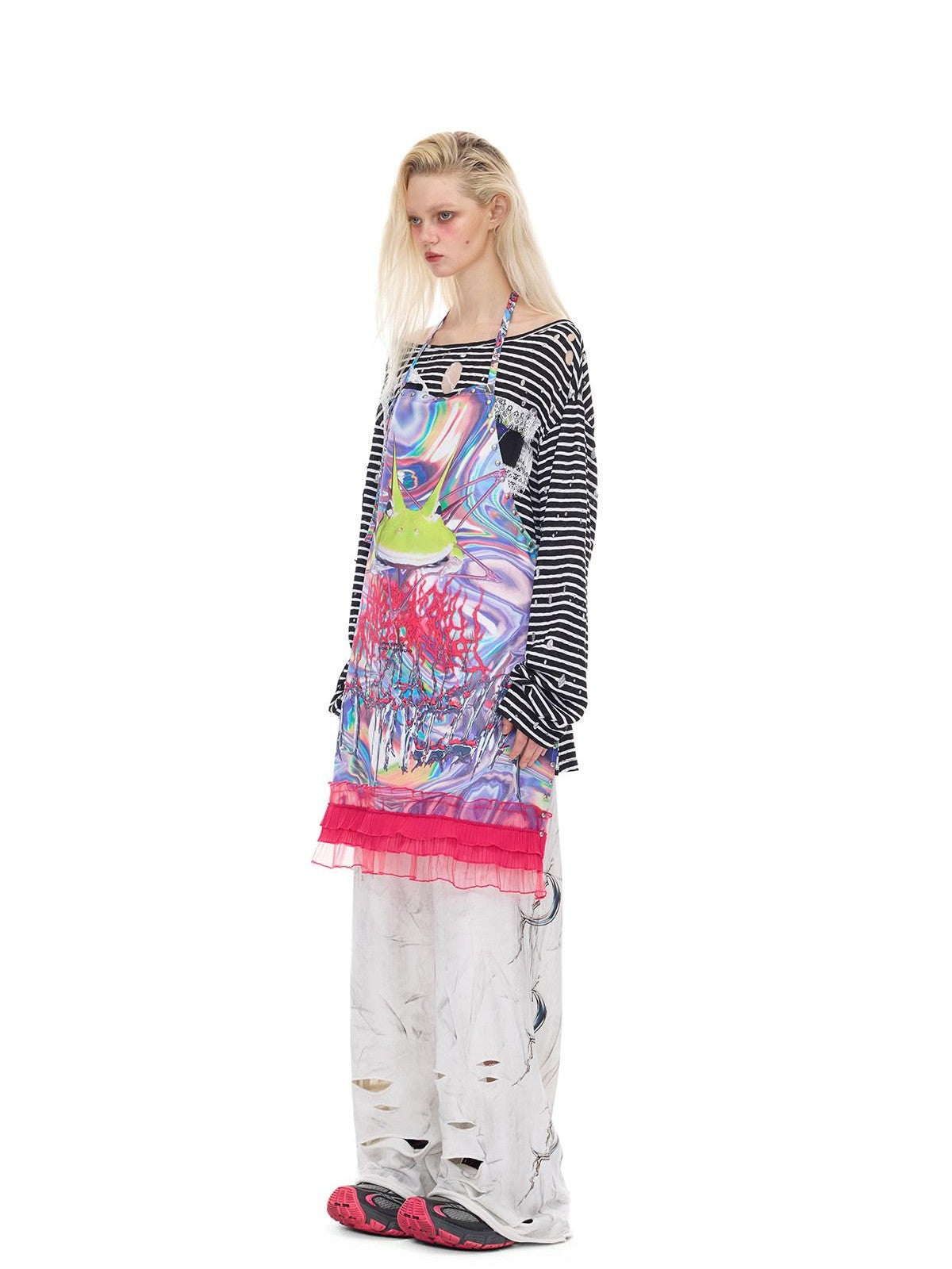 PINKSPINK Futuristic Rock Punk Studded Lace Printed Tie Women's Polyester Aprons