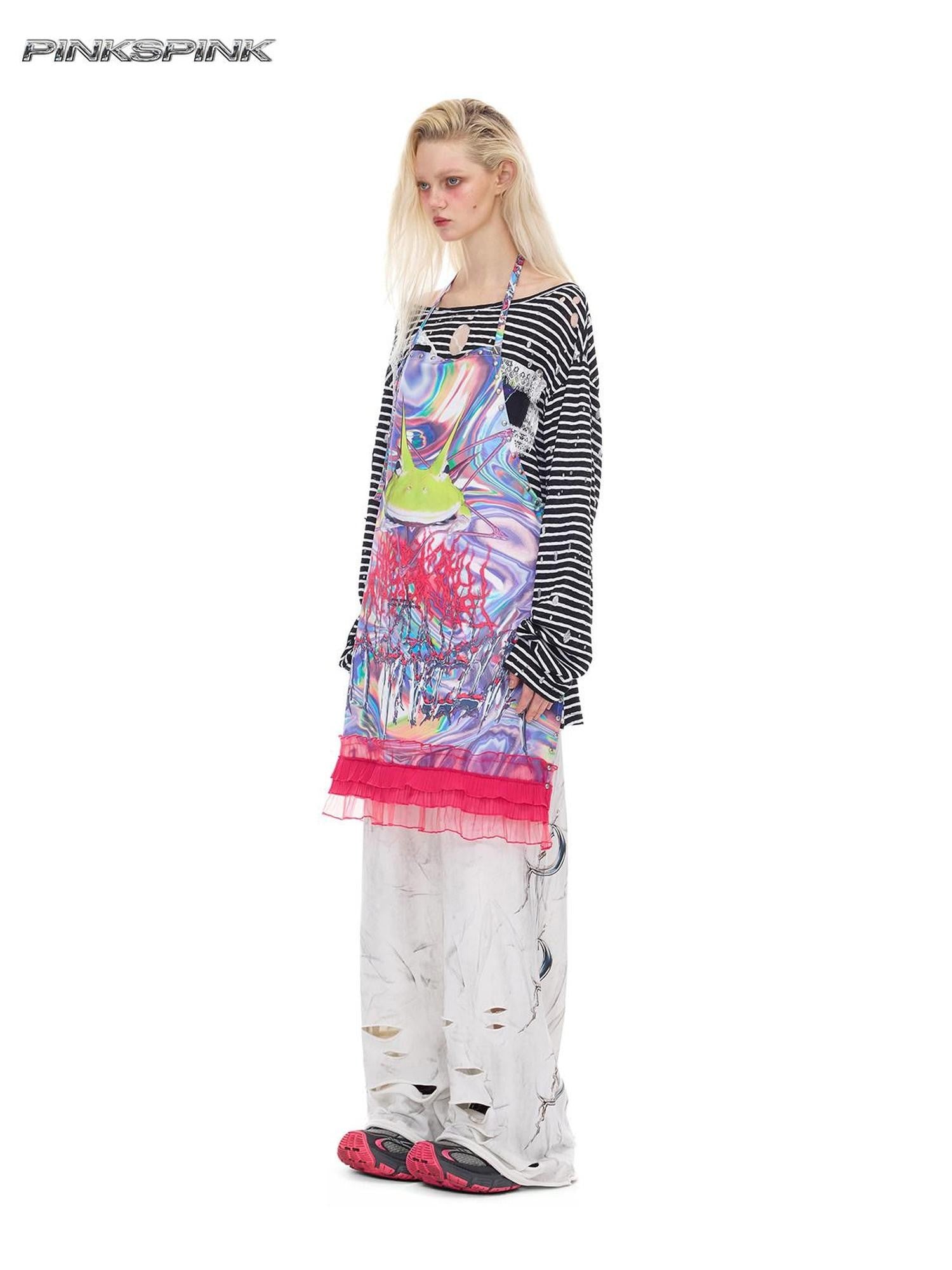 PINKSPINK Futuristic Rock Punk Studded Lace Printed Tie Women's Polyester Aprons