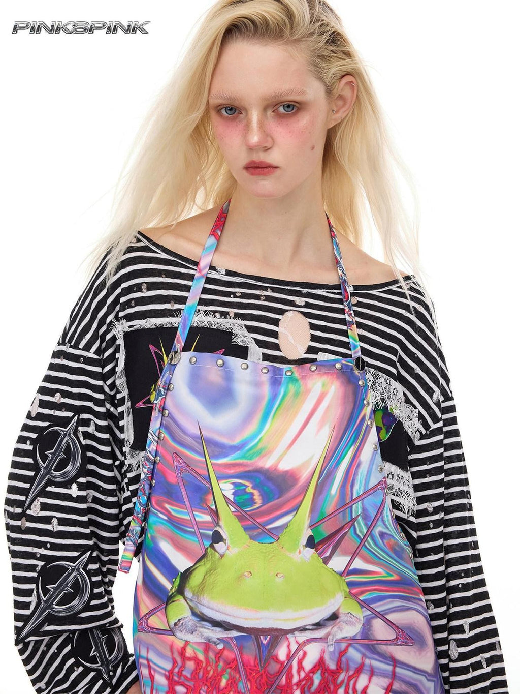 PINKSPINK Futuristic Rock Punk Studded Lace Printed Tie Women's Polyester Aprons