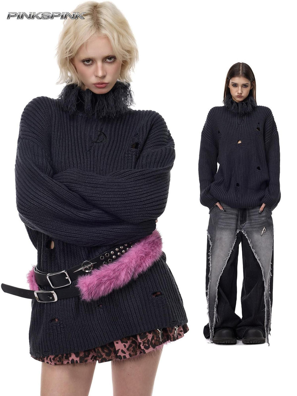 PINKSPINK Fuzzy Distressed Oversized Street Women's Acrylic Blend Turtleneck Sweaters