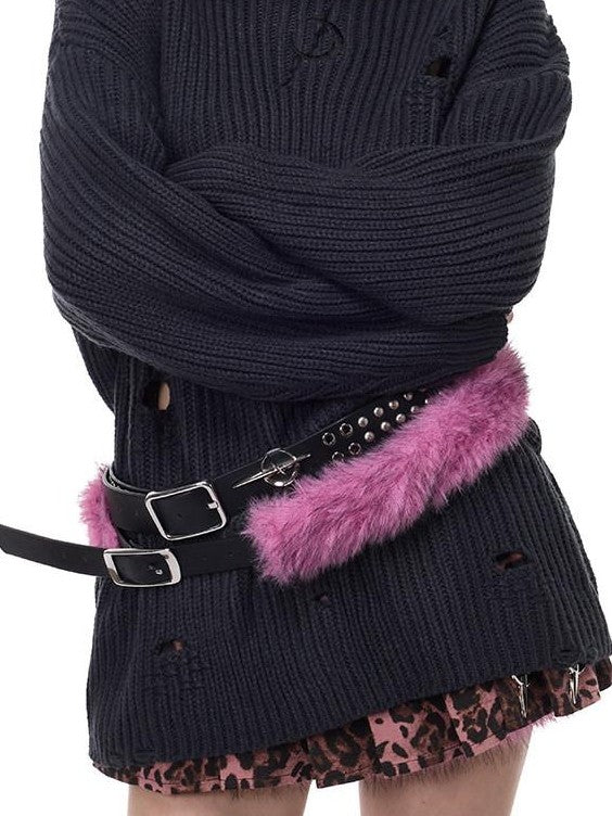 PINKSPINK Fuzzy Distressed Oversized Street Women's Acrylic Blend Turtleneck Sweaters