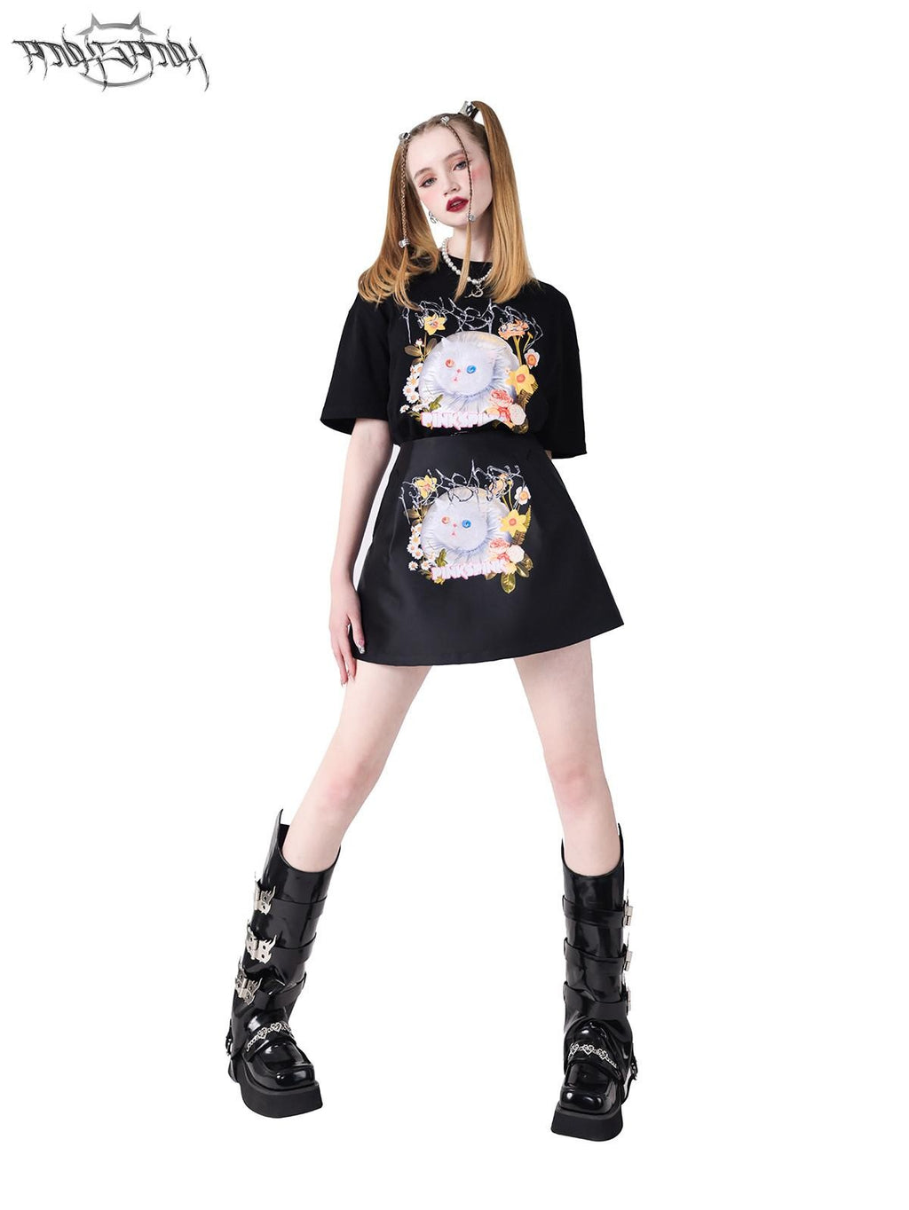PINKSPINK Garfield Print Patchwork Ruching Pockets A Line Mid Waist Women's Mini Skirts