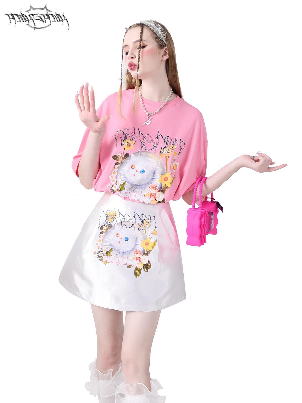 PINKSPINK Garfield Print Patchwork Ruching Pockets A Line Mid Waist Women's Mini Skirts