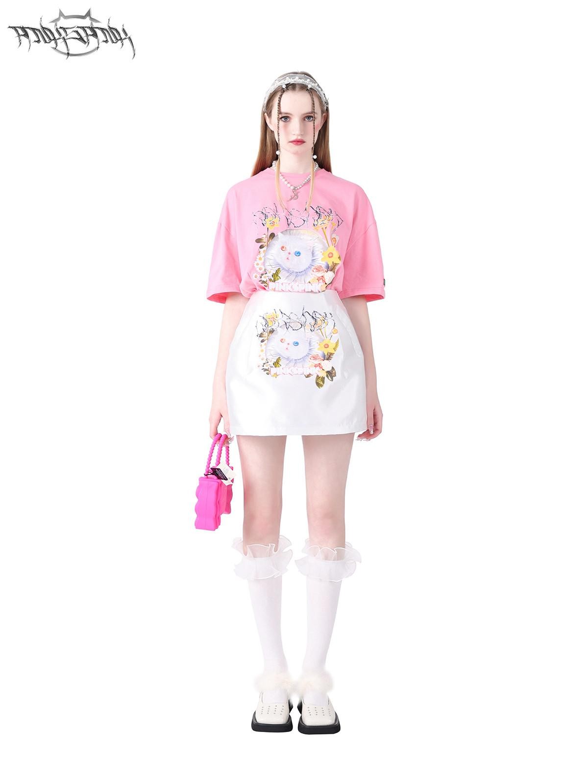 PINKSPINK Garfield Print Patchwork Ruching Pockets A Line Mid Waist Women's Mini Skirts