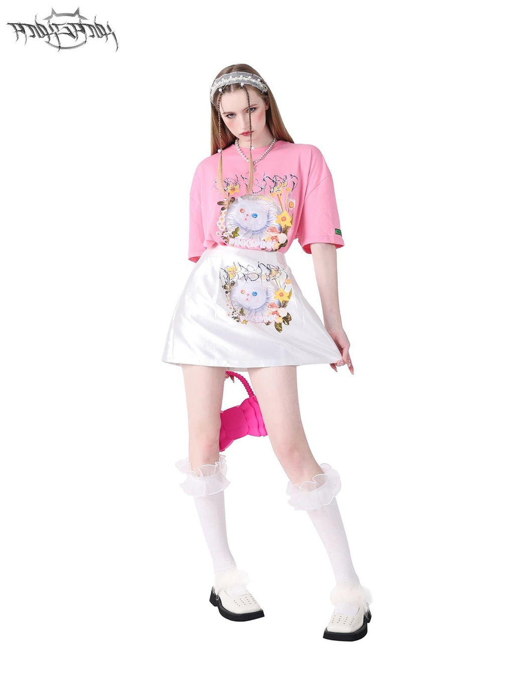 PINKSPINK Garfield Print Patchwork Ruching Pockets A Line Mid Waist Women's Mini Skirts