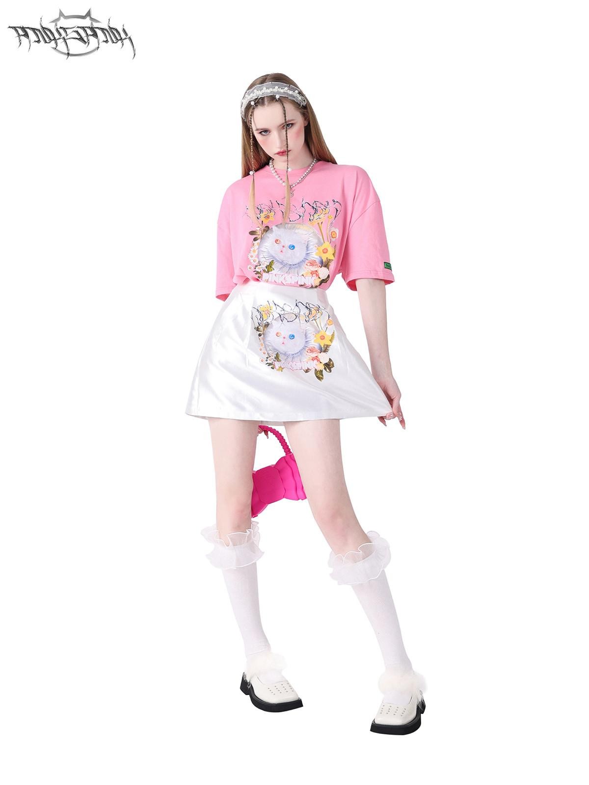 PINKSPINK Garfield Print Patchwork Ruching Pockets A Line Mid Waist Women's Mini Skirts