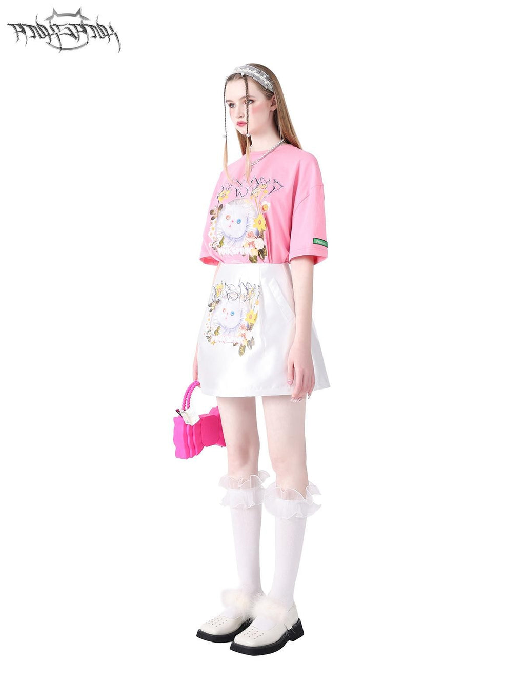 PINKSPINK Garfield Print Patchwork Ruching Pockets A Line Mid Waist Women's Mini Skirts