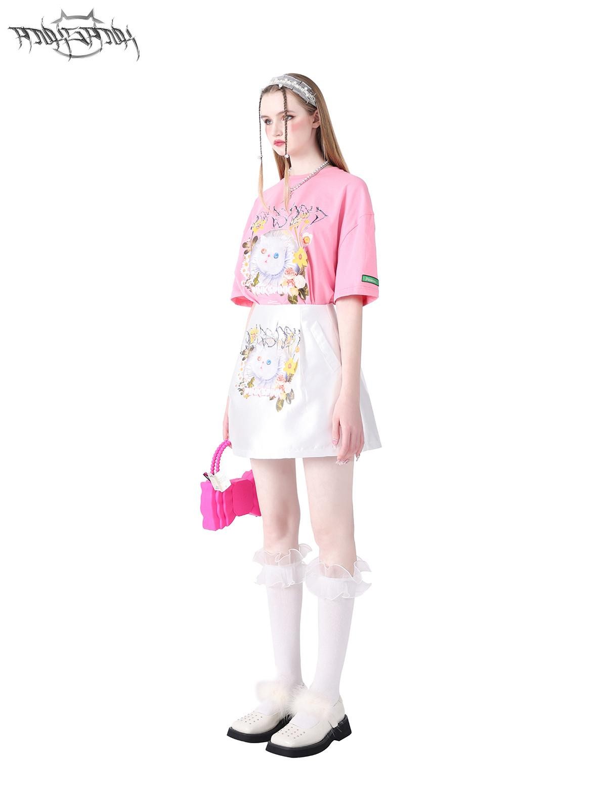PINKSPINK Garfield Print Patchwork Ruching Pockets A Line Mid Waist Women's Mini Skirts