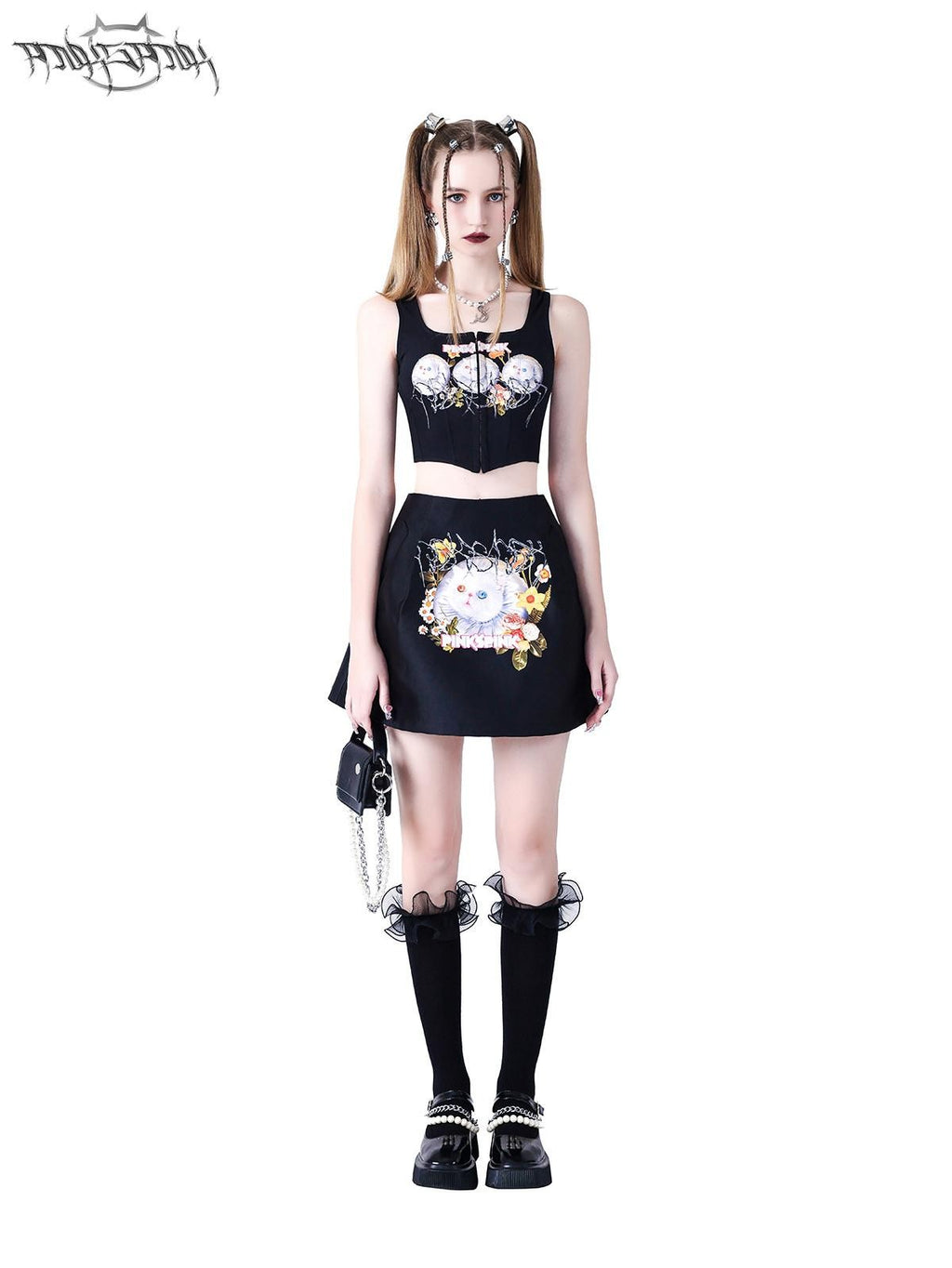 PINKSPINK Garfield Print Patchwork Ruching Pockets A Line Mid Waist Women's Mini Skirts