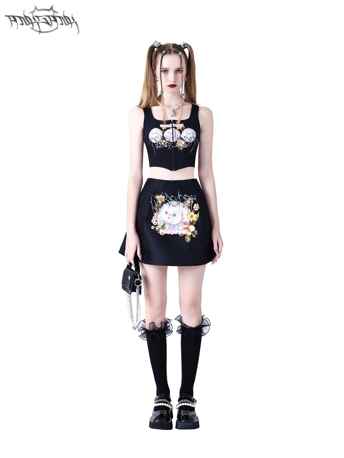 PINKSPINK Garfield Print Patchwork Ruching Pockets A Line Mid Waist Women's Mini Skirts