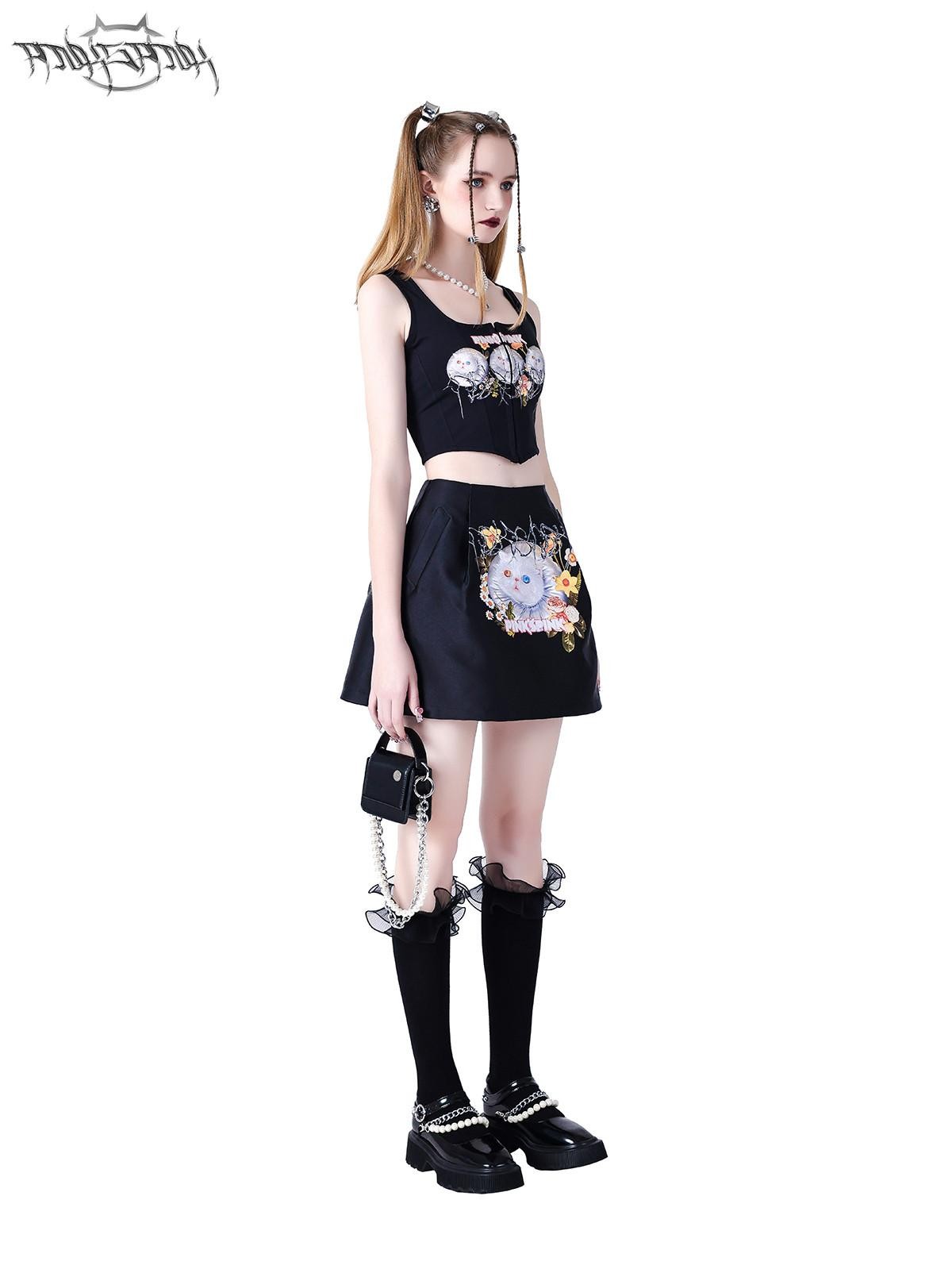 PINKSPINK Garfield Print Patchwork Ruching Pockets A Line Mid Waist Women's Mini Skirts