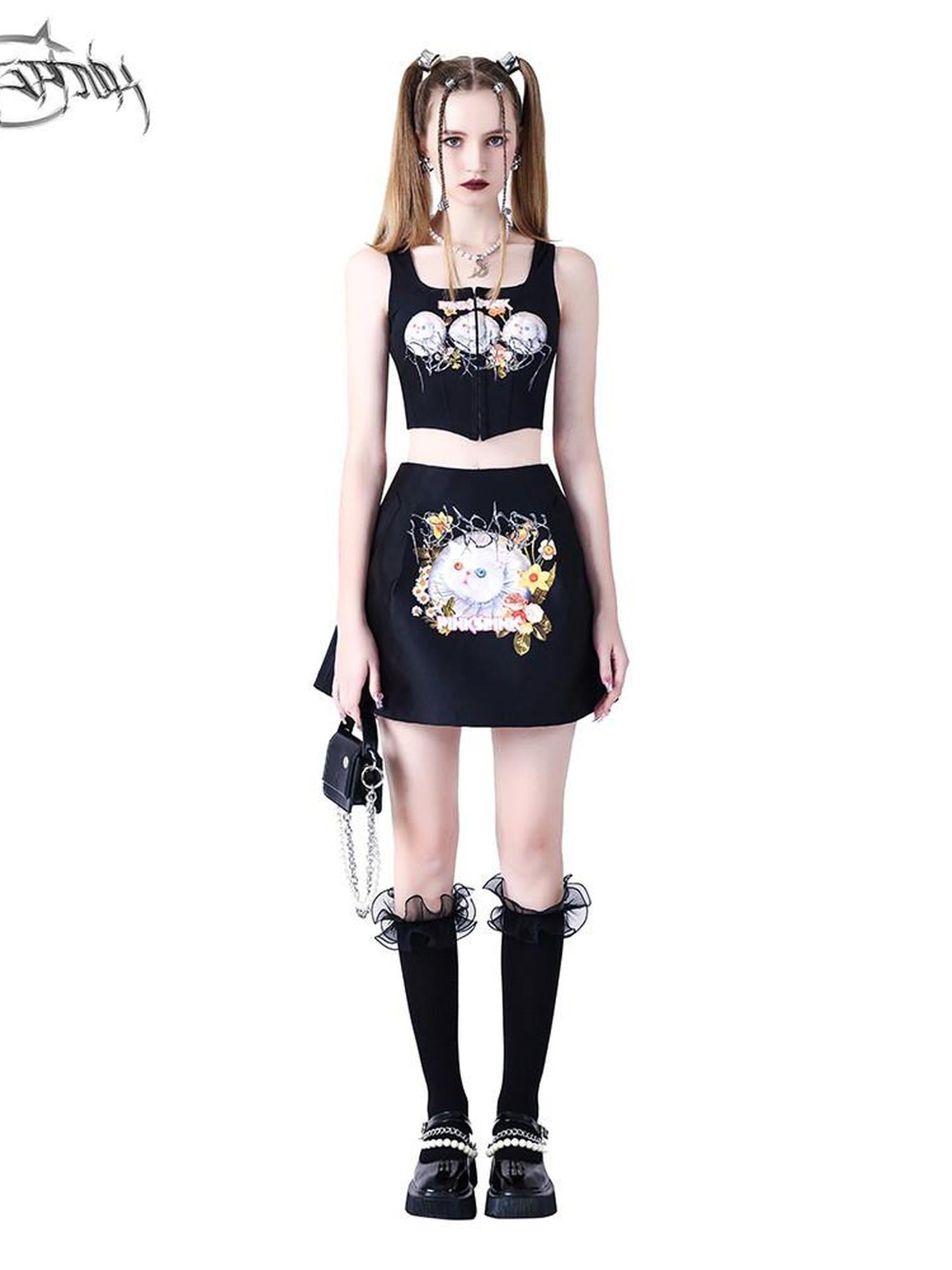 PINKSPINK Garfield Print Patchwork Ruching Pockets A Line Mid Waist Women's Mini Skirts