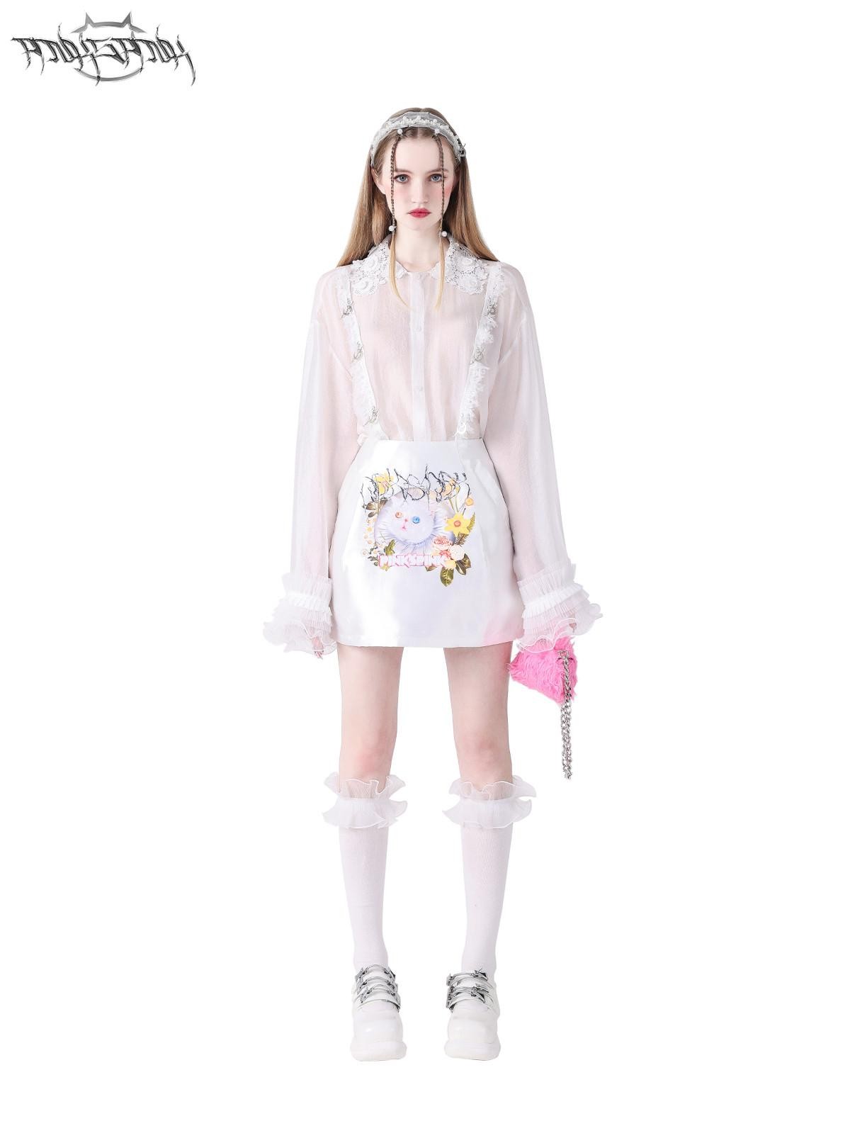 PINKSPINK Garfield Print Patchwork Ruching Pockets A Line Mid Waist Women's Mini Skirts
