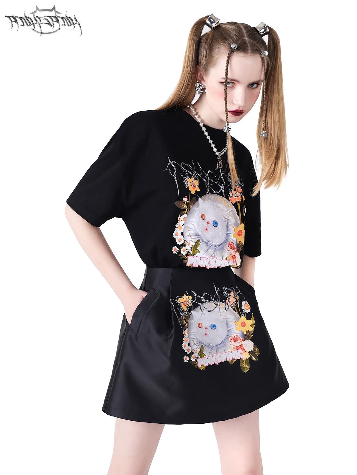 PINKSPINK Garfield Print Patchwork Ruching Pockets A Line Mid Waist Women's Mini Skirts