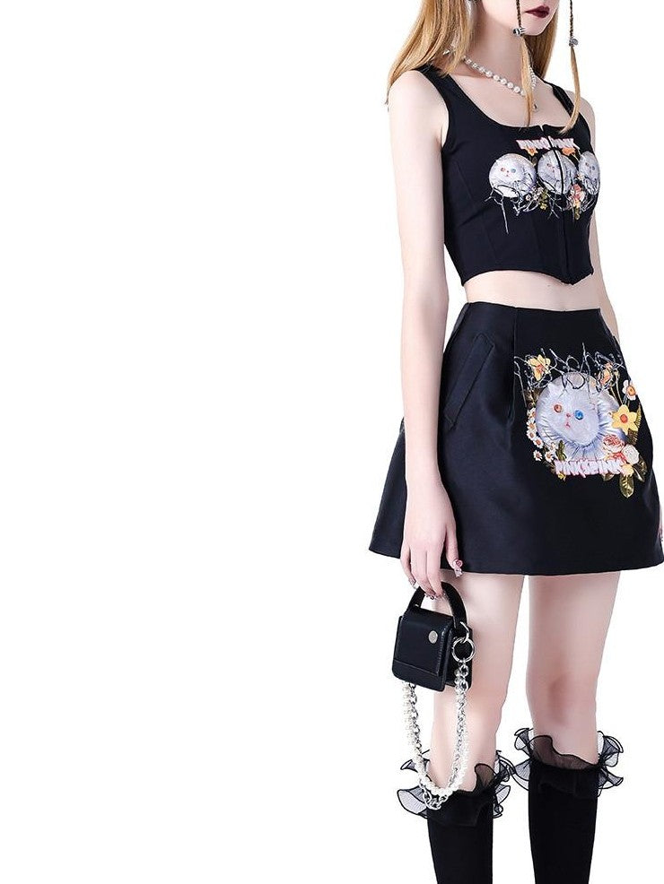 PINKSPINK Garfield Print Pleated Patchwork A Line Pocket Women's Mini Skirts