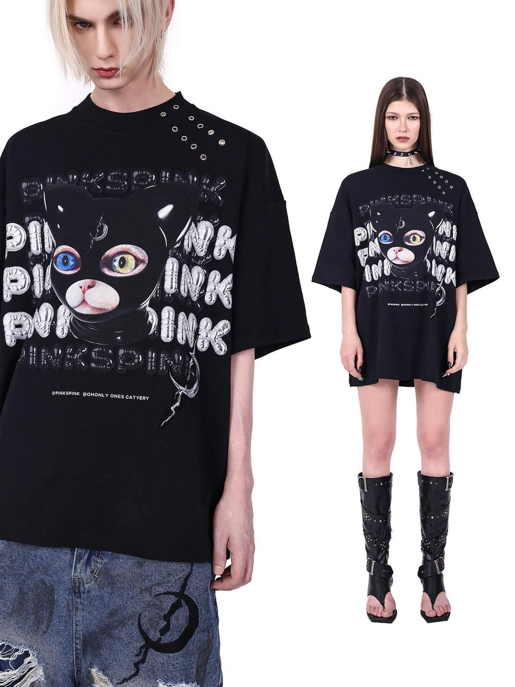PINKSPINK German Cat Head Print Mesh Patchwork Women's Oversized Short Sleeve T-shirts