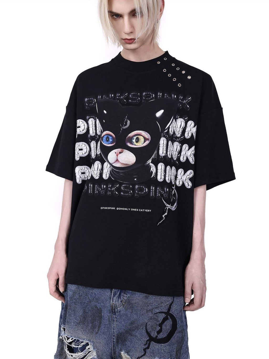 PINKSPINK German Cat Head Print Mesh Patchwork Women's Oversized Short Sleeve T-shirts
