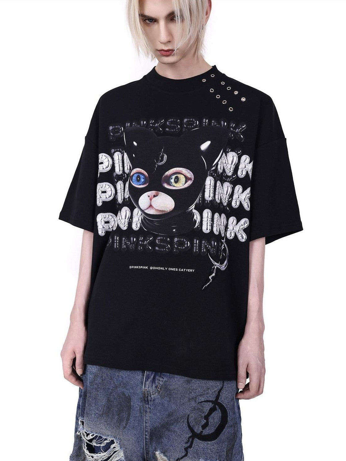 PINKSPINK German Cat Head Print Mesh Patchwork Women's Oversized Short Sleeve T-shirts