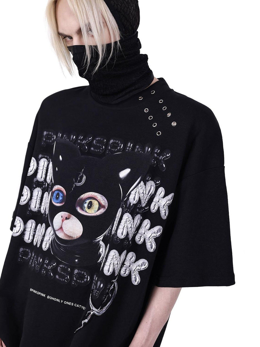 PINKSPINK German Cat Head Print Mesh Patchwork Women's Oversized Short Sleeve T-shirts