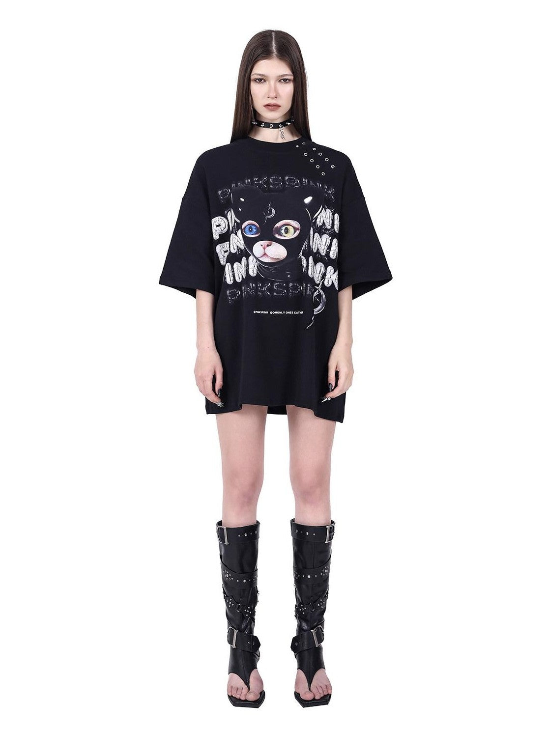 PINKSPINK German Cat Head Print Mesh Patchwork Women's Oversized Short Sleeve T-shirts
