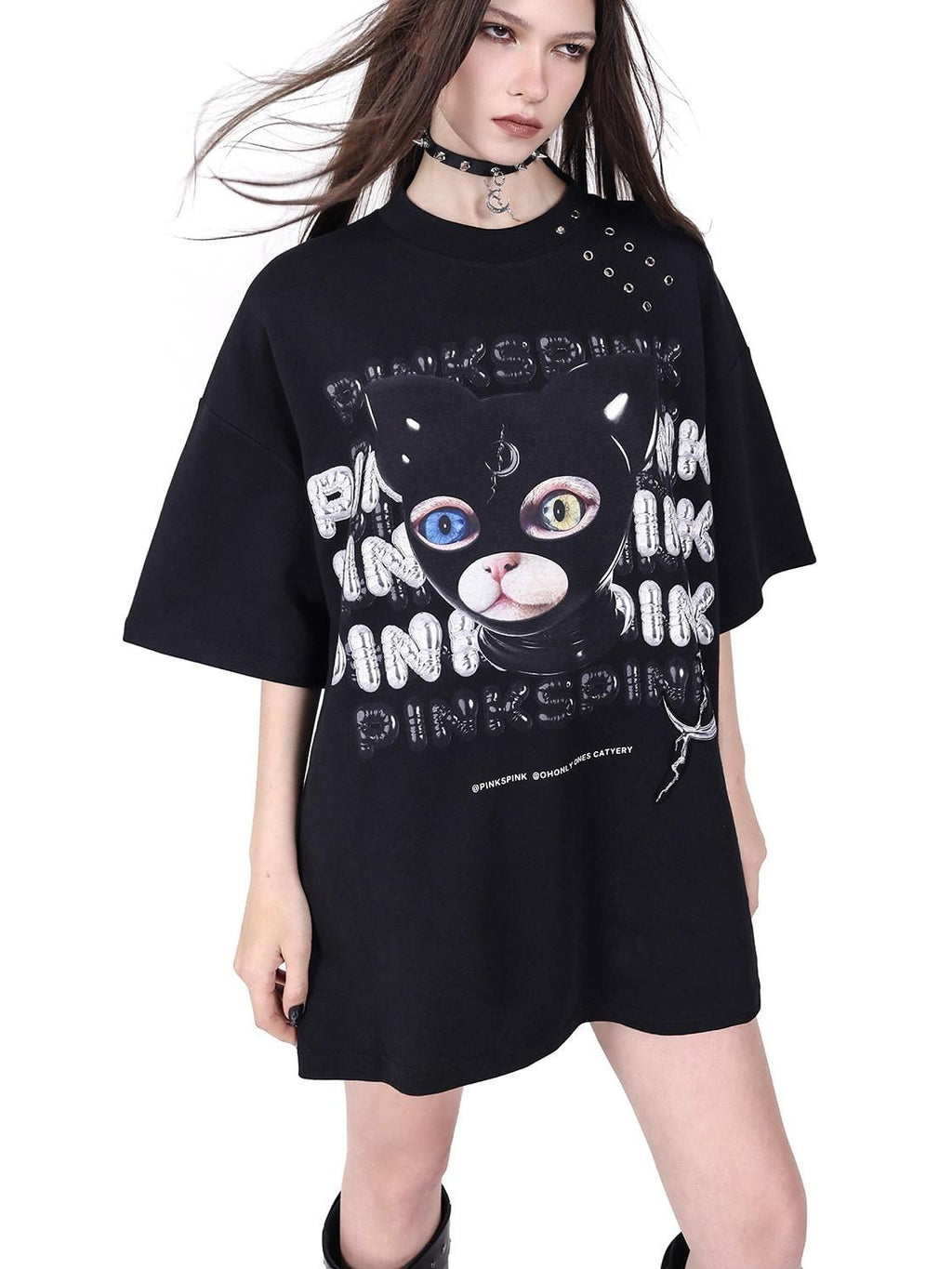 PINKSPINK German Cat Head Print Mesh Patchwork Women's Oversized Short Sleeve T-shirts