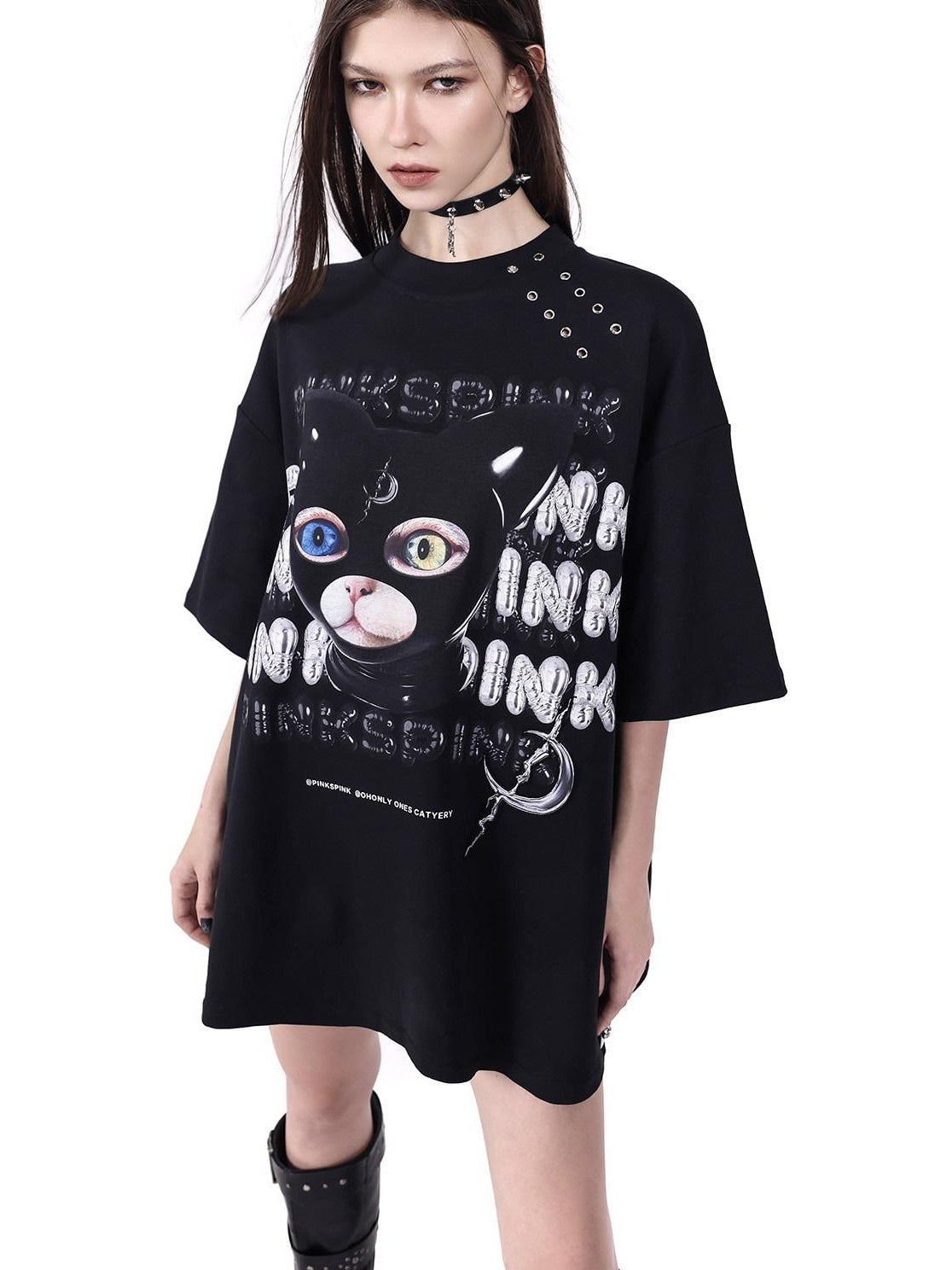 PINKSPINK German Cat Head Print Mesh Patchwork Women's Oversized Short Sleeve T-shirts