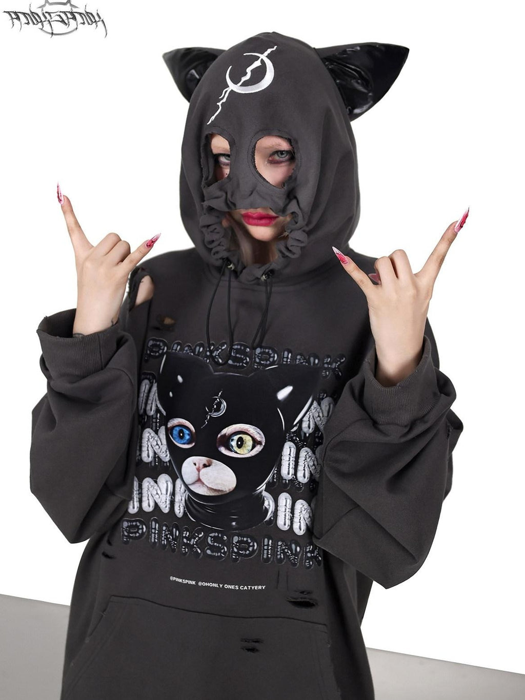 PINKSPINK German Text Cat Print Cat Ear Distressed Loose Women's Cotton Hoodies