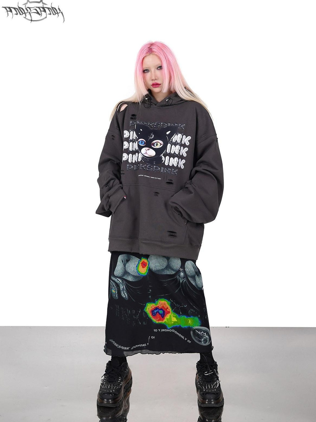 PINKSPINK German Text Cat Print Cat Ear Distressed Loose Women's Cotton Hoodies