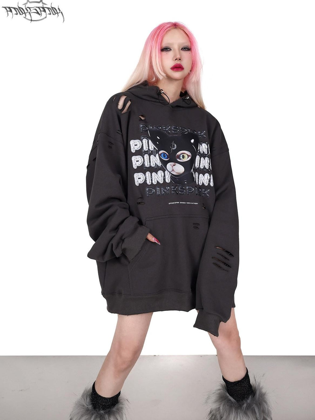 PINKSPINK German Text Cat Print Cat Ear Distressed Loose Women's Cotton Hoodies