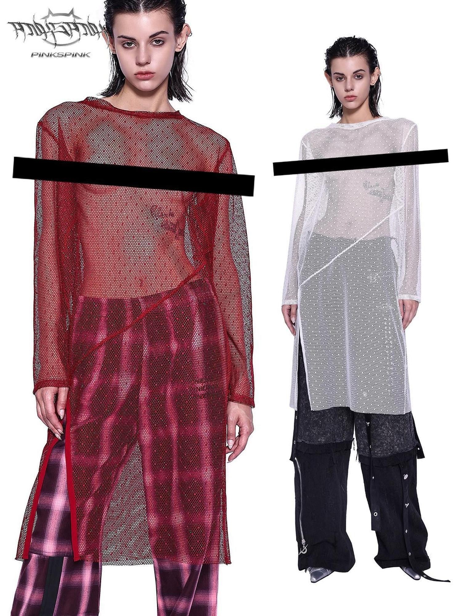 PINKSPINK Glitter Sheer Mesh Women's Loose Round Neck Long Sleeve T-shirts