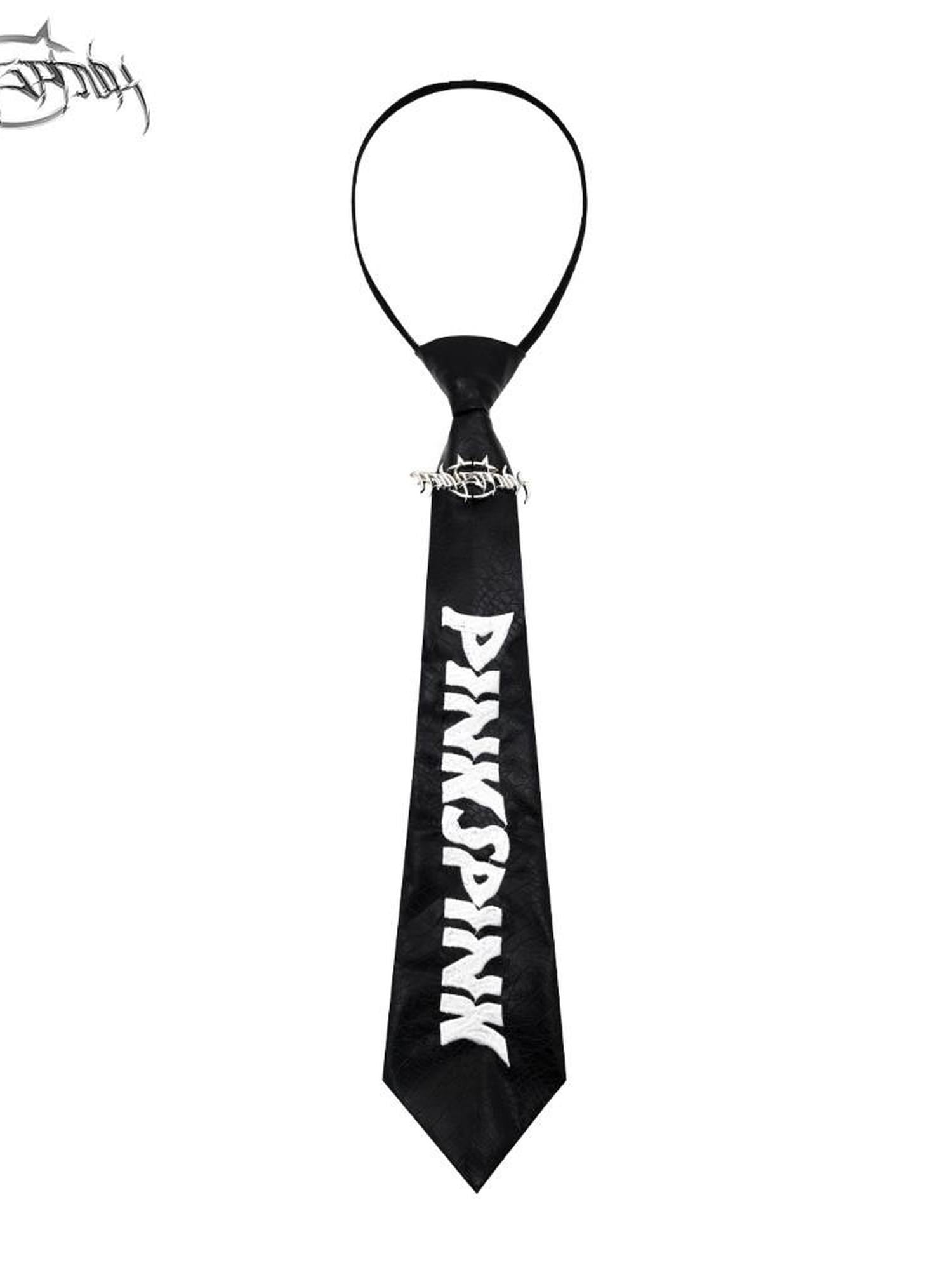 PINKSPINK Gothic Crocodile Texture Letter Embroidery Metal Tag Women's Pu Leather Neckties