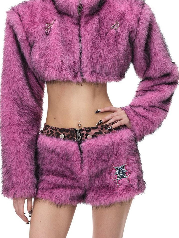 PINKSPINK Gradient Fluffy Structured High Collar Y2k Women's Faux Fur Cropped Jackets