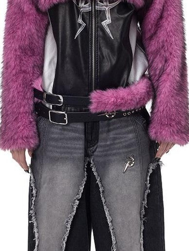 PINKSPINK Gradient Fluffy Structured High Collar Y2k Women's Faux Fur Cropped Jackets