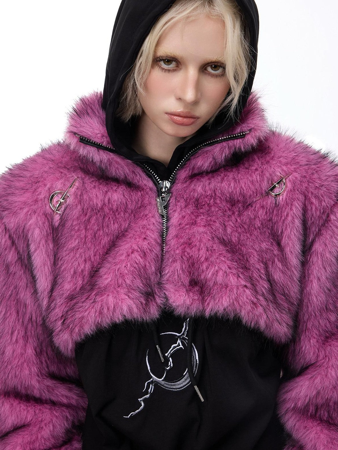 PINKSPINK Gradient Fluffy Structured High Collar Y2k Women's Faux Fur Cropped Jackets