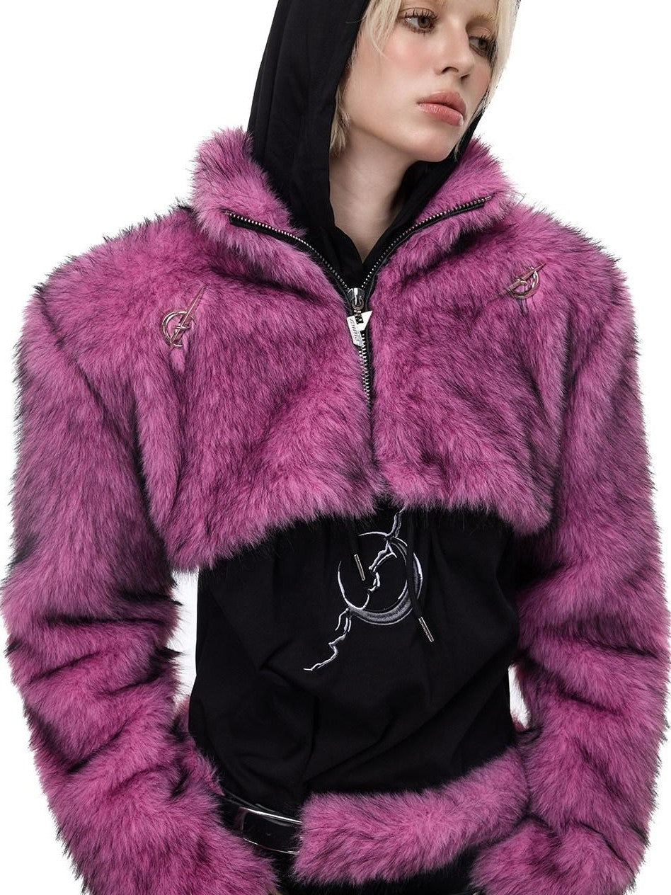 PINKSPINK Gradient Fluffy Structured High Collar Y2k Women's Faux Fur Cropped Jackets