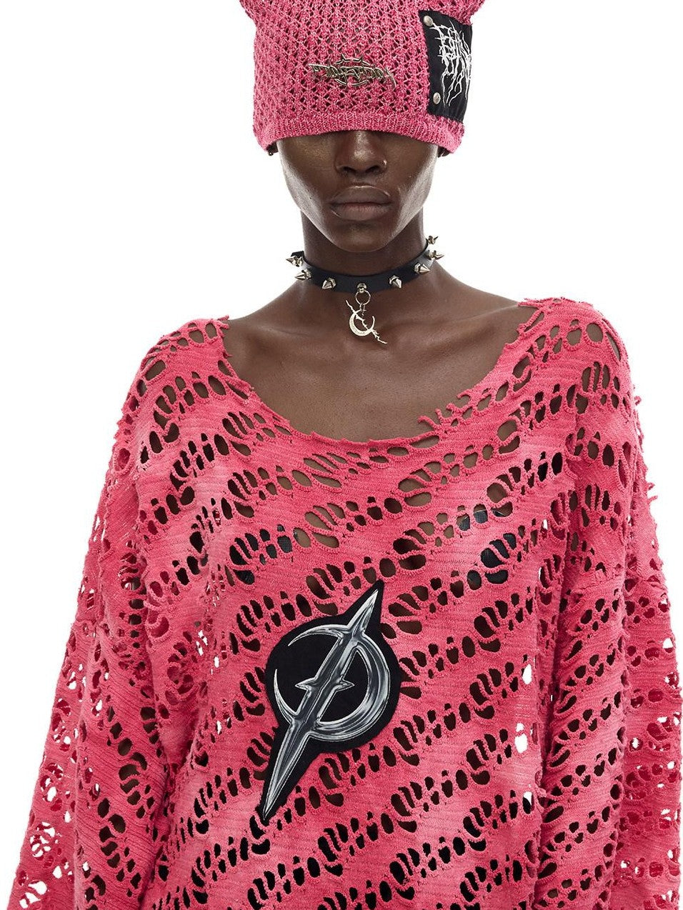 PINKSPINK Gradient Pink Gray Applique Eyelet Women's Mesh Loose Long Sleeve T-shirts
