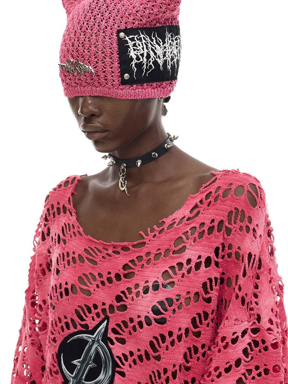 PINKSPINK Gradient Pink Gray Applique Eyelet Women's Mesh Loose Long Sleeve T-shirts