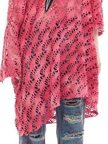 PINKSPINK Gradient Pink Gray Applique Eyelet Women's Mesh Loose Long Sleeve T-shirts