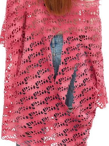 PINKSPINK Gradient Pink Gray Applique Eyelet Women's Mesh Loose Long Sleeve T-shirts