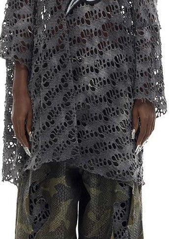 PINKSPINK Gradient Pink Gray Applique Eyelet Women's Mesh Loose Long Sleeve T-shirts