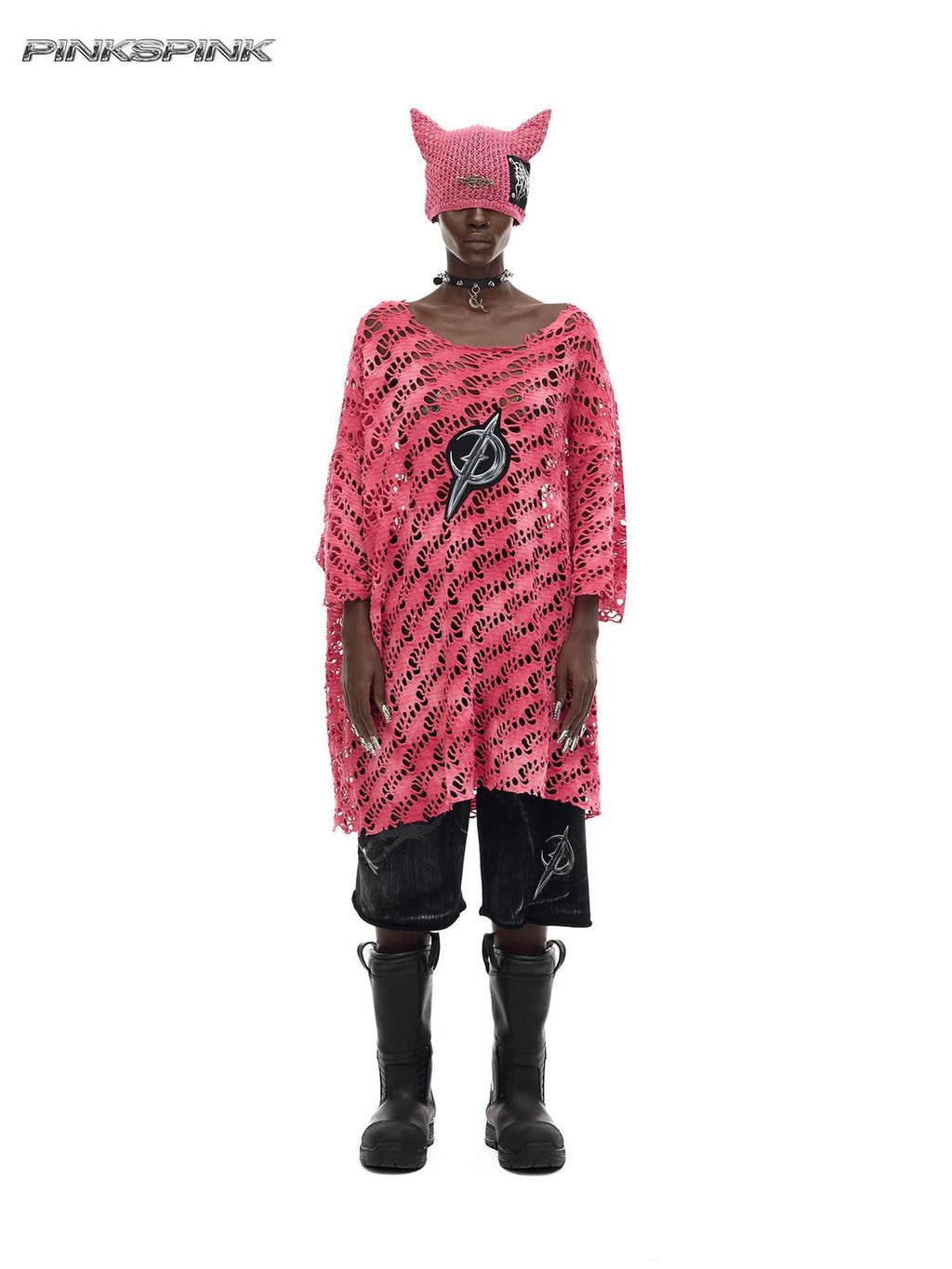 PINKSPINK Gradient Pink Gray Applique Eyelet Women's Mesh Loose Long Sleeve T-shirts