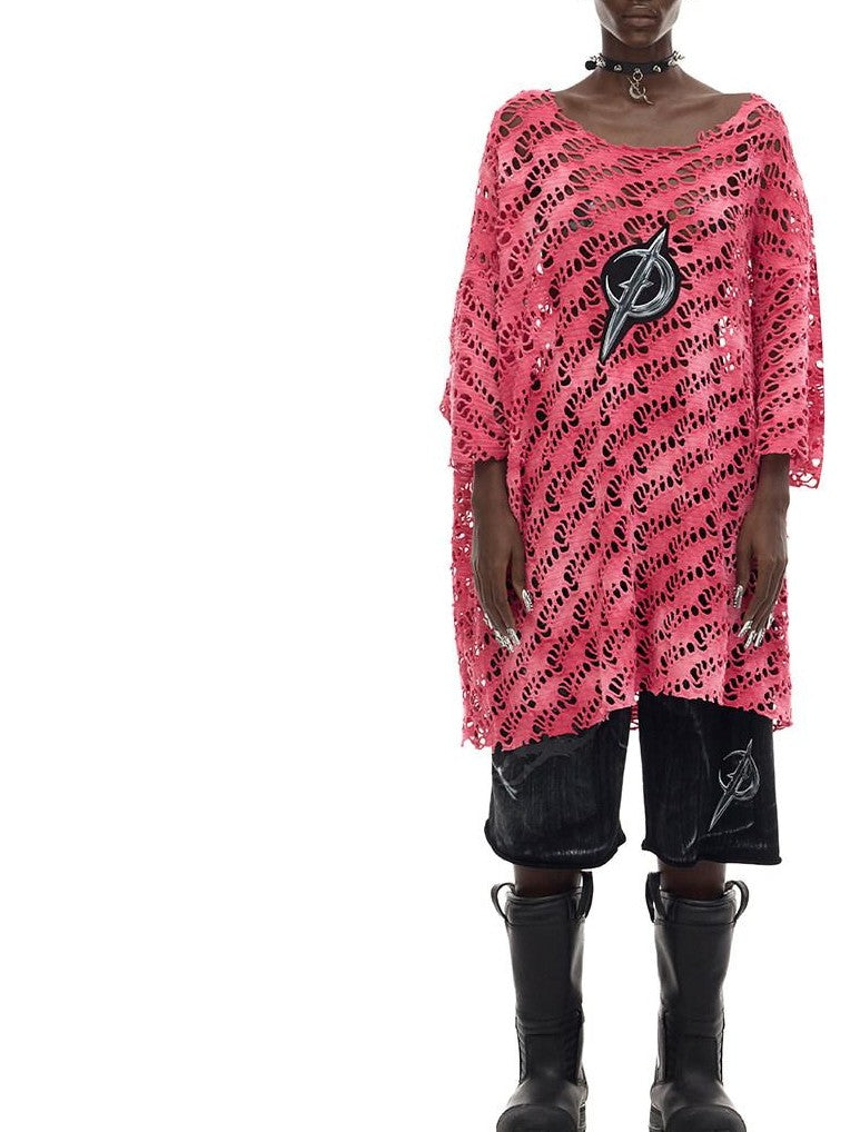 PINKSPINK Gradient Pink Gray Applique Eyelet Women's Mesh Loose Long Sleeve T-shirts