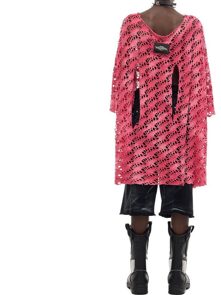 PINKSPINK Gradient Pink Gray Applique Eyelet Women's Mesh Loose Long Sleeve T-shirts