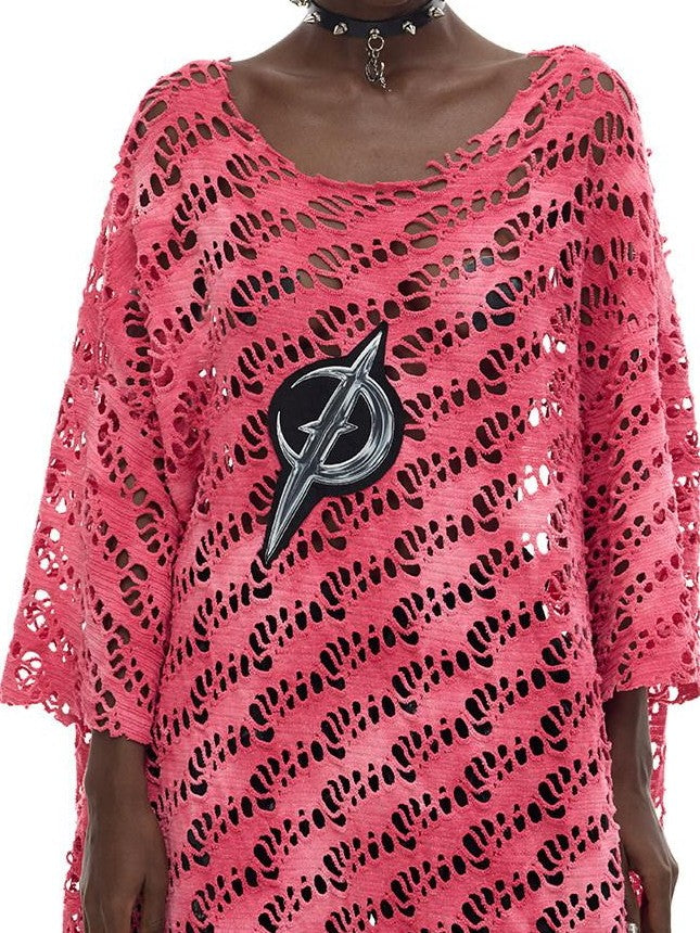 PINKSPINK Gradient Pink Gray Applique Eyelet Women's Mesh Loose Long Sleeve T-shirts