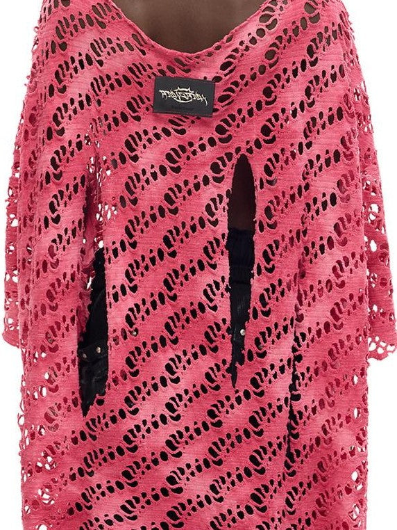 PINKSPINK Gradient Pink Gray Applique Eyelet Women's Mesh Loose Long Sleeve T-shirts