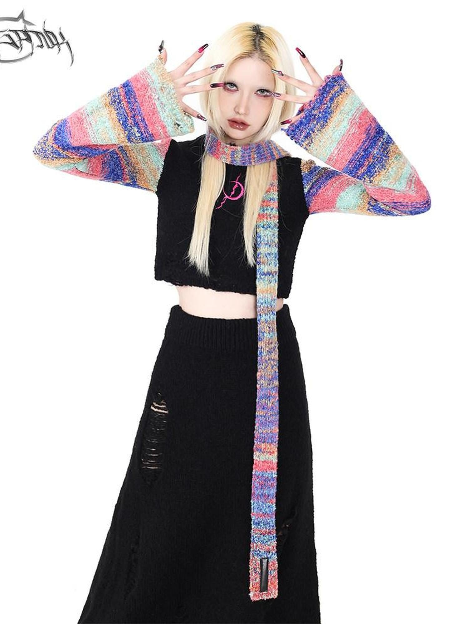 PINKSPINK Gradient Scarf Spliced Patch Sleeve Cropped Women's Alpaca Knit Sweaters