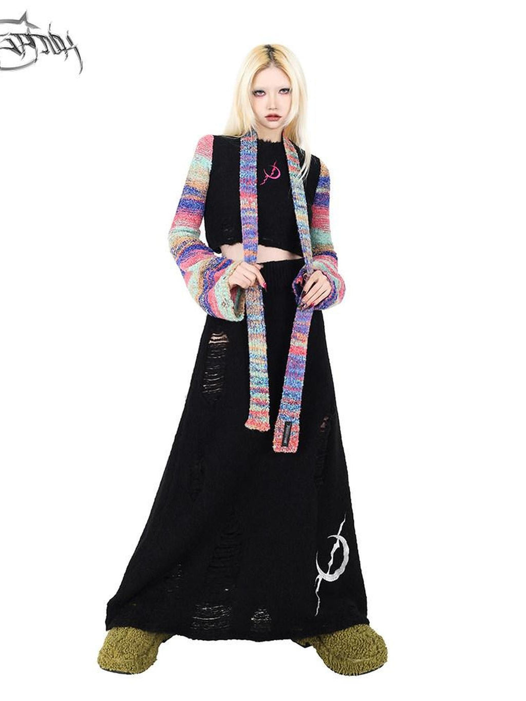 PINKSPINK Gradient Scarf Spliced Patch Sleeve Cropped Women's Alpaca Knit Sweaters