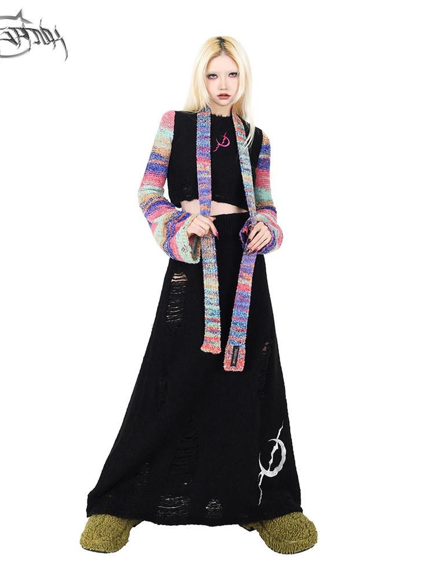 PINKSPINK Gradient Scarf Spliced Patch Sleeve Cropped Women's Alpaca Knit Sweaters