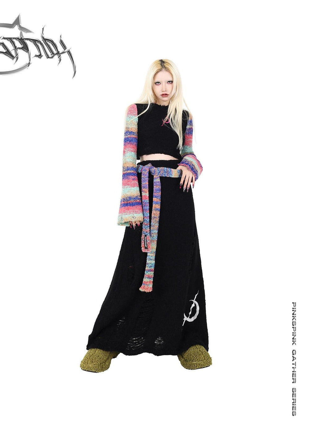 PINKSPINK Gradient Scarf Spliced Patch Sleeve Cropped Women's Alpaca Knit Sweaters